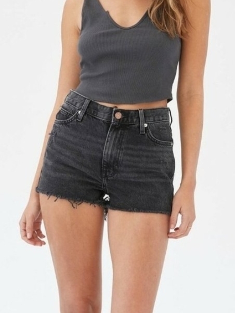 High-Rise Black Denim Frayed Women's Shorts